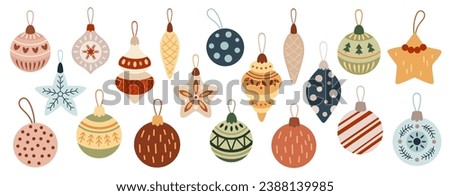 Retro Christmas ornaments, Vintage tree decorations, Christmas tree toys clipart in flat style. 