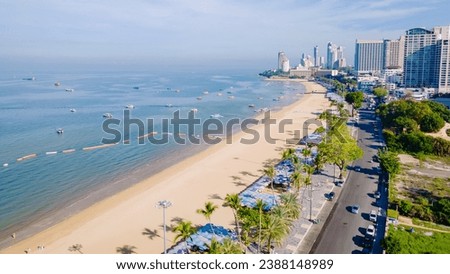 Pattaya Thailand, a view of the beach road with hotel buildings alongside the renovated new beach road.  Royalty-Free Stock Photo #2388148989