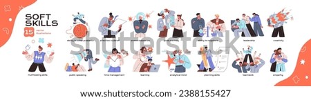 Soft skills set. Employees with corporate abilities: communication, teamwork, time management, multitasking. Workers competencies. HR business. Flat isolated vector illustration on white background Royalty-Free Stock Photo #2388155427