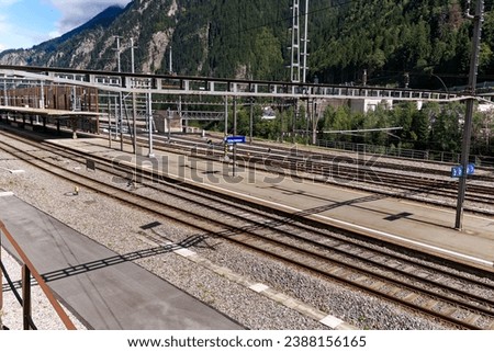 High angle view of railway station of Swiss mountain village of Göschenen on a sunny late summer day. Photo taken September 19th, 2023, Göschenen, Switzerland.