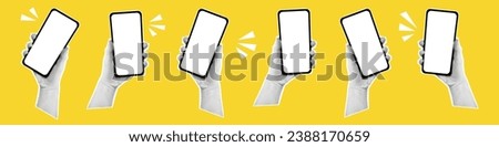 Vector halftone hands hold phones. Banner with hands holding mobile phones. Modern art with  halftone effects. Human palms and smartphones. Royalty-Free Stock Photo #2388170659