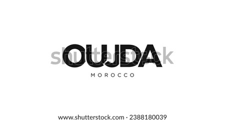 Oujda in the Morocco emblem for print and web. Design features geometric style, vector illustration with bold typography in modern font. Graphic slogan lettering isolated on white background.
