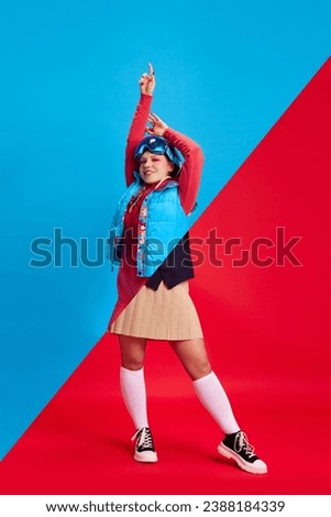 Collage. Young girl wearing winter clothes, holding skates on above and in socks, skirt and sneakers on bottom. Concept of youth, self-expression, fashion, emotions