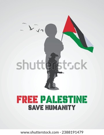 Free Palestine banner poster illustration vector graphic with typography of Free Palestine. Future warrior child with flag in map concept poster, banner.
