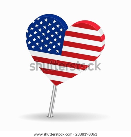 American flag heart-shaped map pointer layout. Vector illustration.