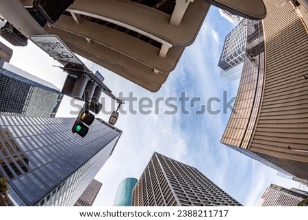 perspective of skyscraper i Houston from street level in Houston, Texas, USA.