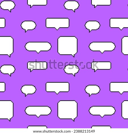 Seamless pattern of pixelated dialog boxes in 8-bit style on a bright purple background. Pop-up dialogue clouds of different shapes and sizes, elements of a retro game.