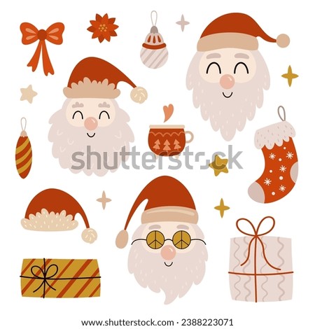 Christmas clipart with groovy retro Santa Claus, christmas tree toys, gifts, christmas sock in cartoon style. Retro Christmas clip art