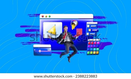 Web and graphic designer. Man working on laptop, creating and customizing web page design. Contemporary art collage. Concept of business, design, freelance job, ambitions, inspiration and creativity