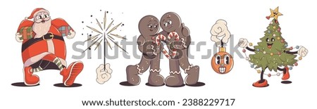 Groovy christmas set, collection of trendy retro hippie stickers. Santa Claus, snowman with a guitar, Christmas tree, walking gifts, sparkler, gingerbread in trendy retro cartoon style.	
