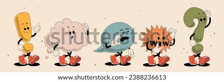 Various Speech Bubbles with face, hands, legs. Walking. Exclamation point, question mark , talking cloud, wow sign. Retro cartoon style. Cute isolated characters speech bubbles. Vector illustration