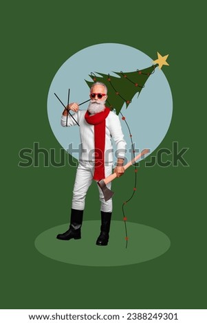 Vertical collage picture of charismatic grandfather hold ax decorated christmas evergreen tree isolated on green background
