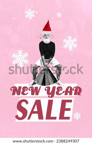 Vertical collage picture of black white colors grandfather hold heavy new year sale store mall bags snowflakes isolated on pink background