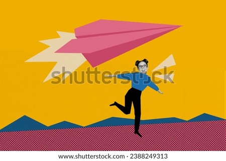 Picture image collage of happy cheerful girl open hands flying huge plane isolated on colorful painted background
