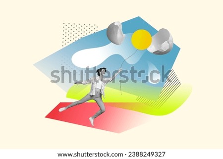 Collage careless woman flying holding air balloon playful abstract picture broken chicken egg yolk isolated on drawing outdoors background