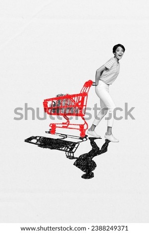 Vertical full body collage picture of young woman drag supermarket cart buy fresh ecological fresh vegetables isolated on white background