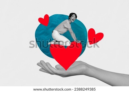 Creative abstract template graphics collage image of arm holding excited cheerful lady riding big red heart isolated white color background