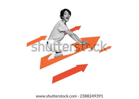 Creative collage picture banner of excited girl flying on arrow directing business career success