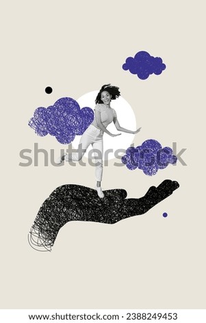 Vertical collage image of cheerful mini black white effect girl stand huge painted arm palm clouds sky isolated on grey background