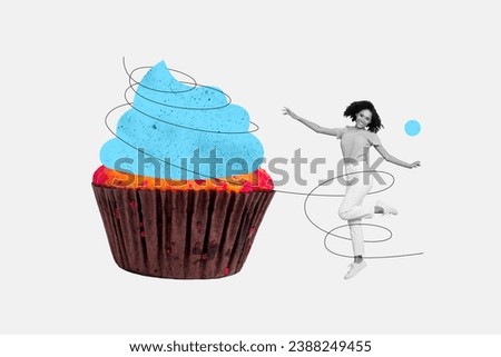 Creative drawing collage picture of happy excited female dancing have fun muffin cupcake eating food cafe surrealism metaphor psychedelic