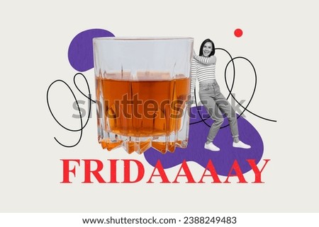 Picture collage sketch of carefree crazy girl drinking strong alcohol cognac large glass isolated on painted background