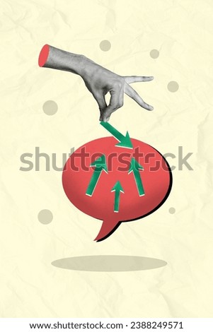 Vertical collage image of black white effect arm fingers hold arrow pointer dialogue bubble isolated on paper background