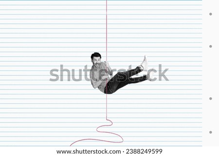 Composite photo collage illustration of excited funky overjoyed nerd guy holding hang rope inside book lines paper page on background