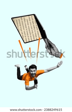 Artwork poster collage banner of falling from netbook guy reporter present excited world global news Royalty-Free Stock Photo #2388249615