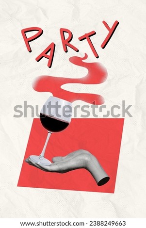 Magazine collage picture of arm holding wine glass enjoying party isolated drawing red white color background