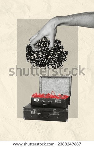 Vertical collage of black white colors arm fingers hold painted mess knot put inside mini retro valise isolated on paper background