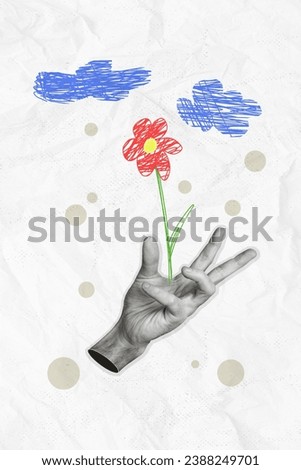 Vertical creative photo abstract composite collage of hand holding painted flower under drawing clouds isolated on colorful background