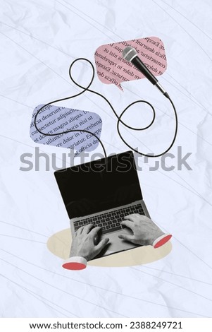 Vertical creative photo abstract artwork composite collage of hands typing text for voiceover on laptop isolated on drawing background