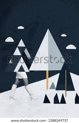 Vertical collage picture of black white colors girl legs christmas tree walk snowy forest isolated on drawing creative background