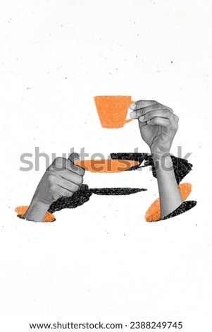 Painted illustration artwork collage image hand drawn arms barista serving mug of tea drink hot beverage isolated on white background