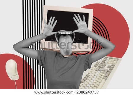 Creative drawing collage picture of female body monitor computer display tongue out fraud hands tease old fake online news social media