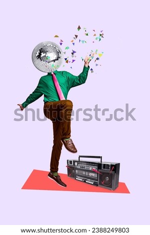 Collage vertical 3d image of weird funky cool unknown guy listening radio dancing alone dancehall night club