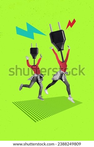 Conceptual collage photo of two headless characters have fun engineers electricity adapters unplugged isolated on green background Royalty-Free Stock Photo #2388249809