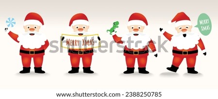 Set of Happy Santa Claus. The acting of Santa with candy, Toy and say hello, Vector illustration. For new year cards, banners, headers, posters.