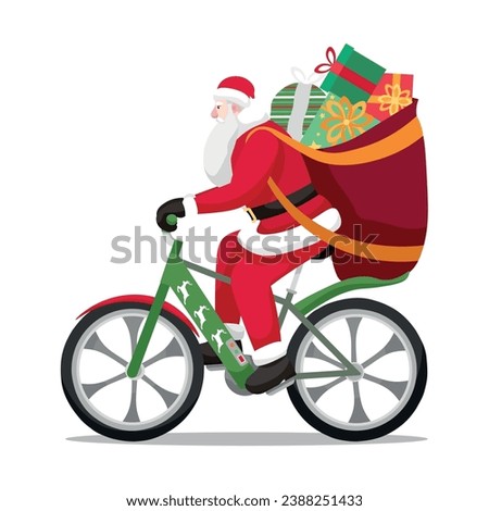Santa Claus with gifts and bicycle on white background