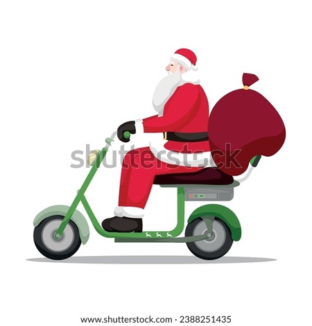 Santa Claus with gifts and modern electric scooter on white back