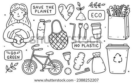 Set of Go green, Save the Planet doodles. A girl holding the Earth, heart-shaped planet, bicycle, mesh bag, steel cutlery, recycle bin, reusable items, paper shopping bag. Zero waste, ecology concept.