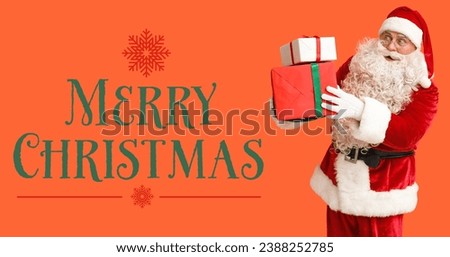 Greeting banner for Christmas with Santa Claus holding gifts on orange background