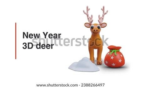 Realistic placard with deer, bag with gifts and snowdrift. New year and Christmastime concept. Vector illustration in 3d style on white background with place for text Royalty-Free Stock Photo #2388266497