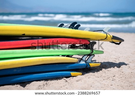 Set of different color surf boards in a stack by ocean. Surf boards for rent on sandy beach. Soft toned photo.