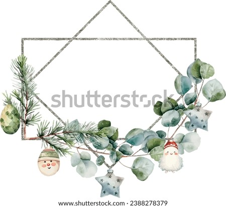 Modern winter Watercolor vector  brilliant golden with spruce branches, eucalyptus, pine cones, winter berries frames in rhombus and rectangular shape. Banner. Hand drawn.Template space for text.