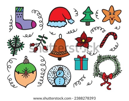 Colorful set of New Year doodle. Isolated on white background.