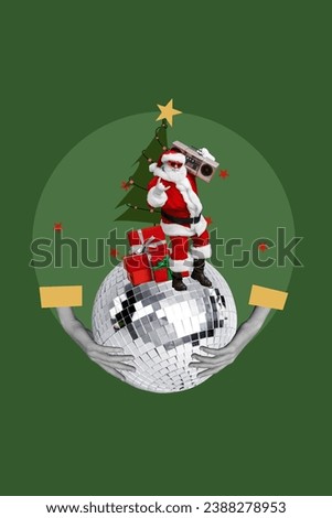 Vertical collage picture of black white colors arms hold x-mas disco ball mini funky grandfather santa hold boombox show heavy metal symbol