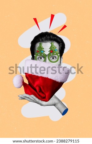 Vertical collage picture of black white colors arm hold santa head funky guy head inside new year tree glasses isolated on beige background