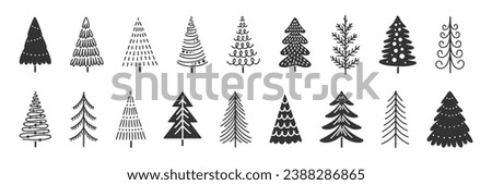 Christmas tree icons, hand-drawn in lines and silhouettes. Vector illustration of winter holiday symbols - firs and pines, black on white background.