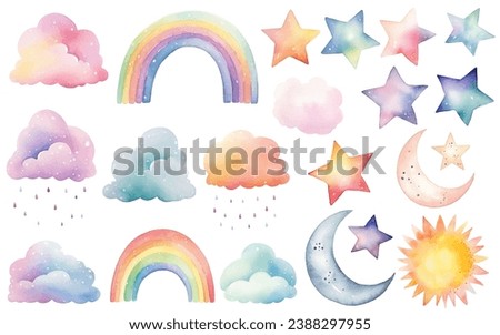Set of watercolor rainbow clouds sun moon stars. Fantasy pastel color. Vector nursery elements